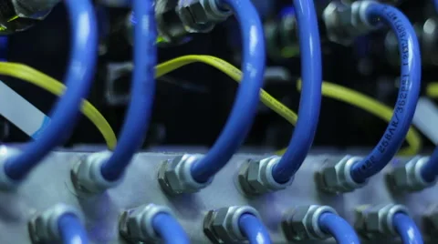 Wires, lightbulbs and computer parts in render farm Stock Footage 59793919