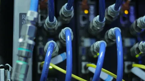 Wires, lightbulbs and computer parts in render farm Stock Footage 59794009