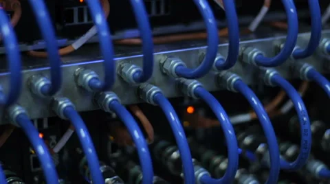 Wires, lightbulbs and computer parts in render farm Stock Footage 59794128