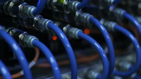 Wires, lightbulbs and computer parts in render farm Stock Footage 59794145