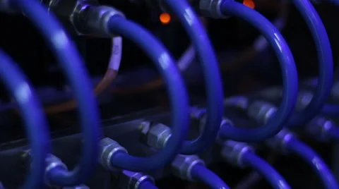 Wires, lightbulbs and computer parts in render farm Stock Footage 59794169