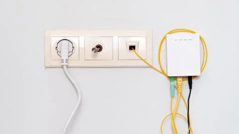 Wires, sockets, cable and internet router 스톡 사진