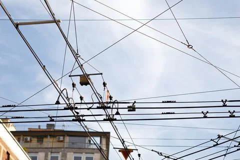 Wires of the trolleybus interchange Stock Photos