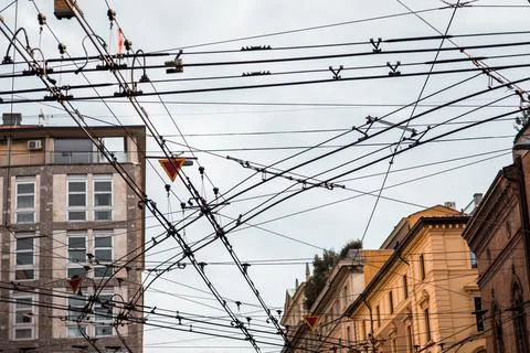 Wires of the trolleybus interchange Foto stock