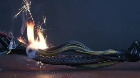 The wiring is burning and sparking on a dark background.  Video stock 170785337