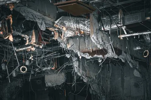 Wiring inside a collapsed building Stock Photos