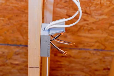 Wiring setup for electrical work in wooden structure during renovation Stock Photos