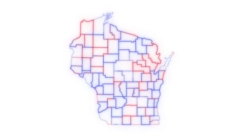 Wisconsin county map red blue election outline white background seamless loop Video stock 343868175