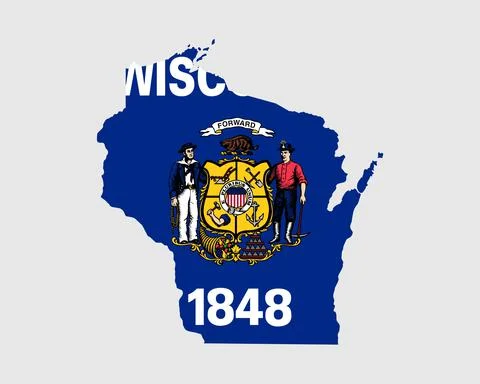 Wisconsin Map Flag. Map of WI, USA with the state flag. Stock Illustration