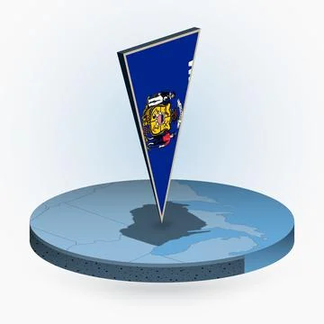 Wisconsin map in round isometric style with triangular 3D flag of US State .. Stock Illustration