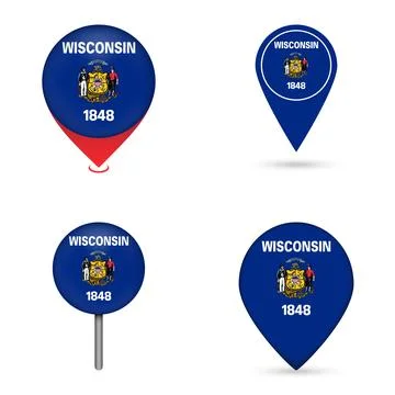 Wisconsin State Flag Map Pin Icons Set Collection Stock Illustration