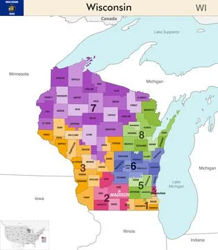 Wisconsin state map with counties borders and congressional districts Stock Illustration