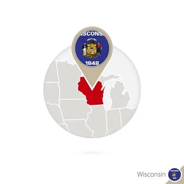 Wisconsin US State map and flag in circle. Stock Illustration