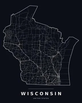 Wisconsin WI Map Counties Highways Roads Dark Mode Editable Vector Stock Illustration