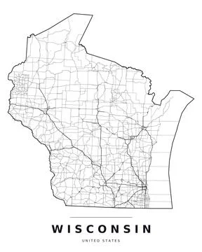 Wisconsin WI Map Counties Highways Roads Black White Editable Vector Stock Illustration
