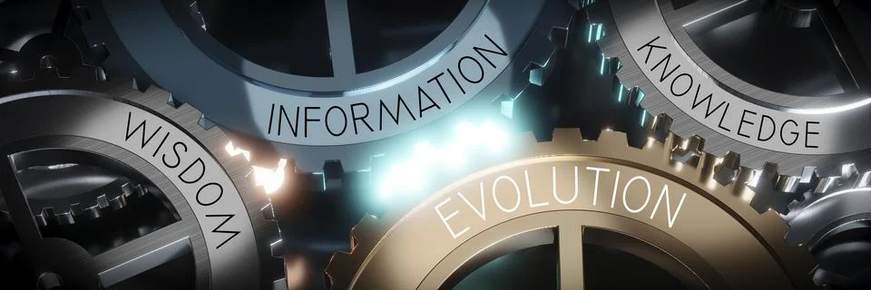 Wisdom, information, evolution, knowledge - gears concept - 3D illustration Illustrazione stock