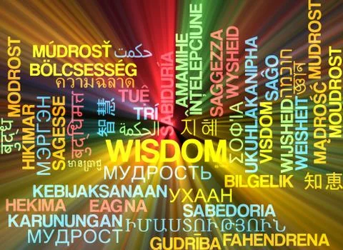 Wisdom multilanguage wordcloud background concept glowing Stock Illustration