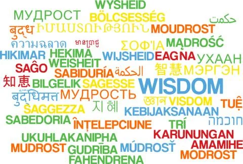 Wisdom multilanguage wordcloud background concept Illustrazione stock
