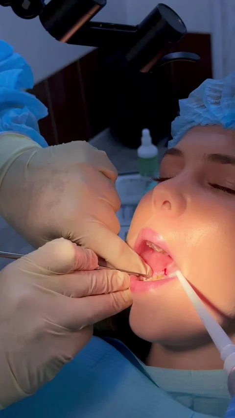 Wisdom tooth extraction in a young girl, dental forceps, surgical instrumen.. Stock Footage 344442702