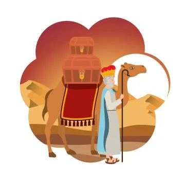 Wise king in camel manger character Stock Illustration