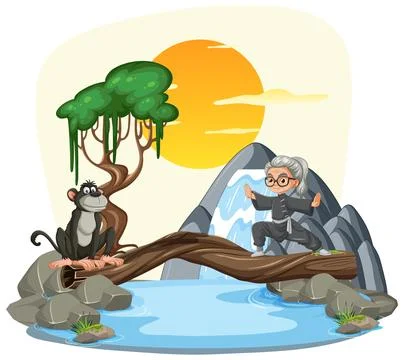 Wise Man and Monkey on Riverside Stock Illustration