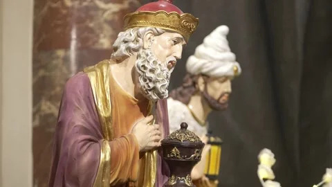 Wise Men Figures Offering Gifts in Nativity Scene Stock Footage 312749486
