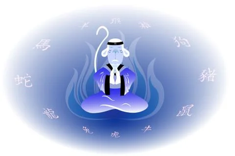 The wise monkey in the ice fire. Translation of hieroglyphs monkey, rooster, dog Stock Illustration