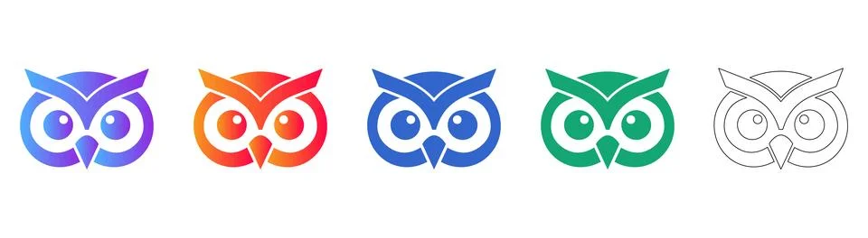 Wise Owl Face Icon Set Stock Illustration
