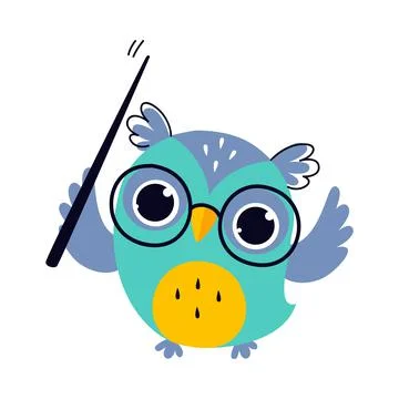 Wise Owl in Glasses Holding Pointer, Cute Bird Teacher Cartoon Character at Stock Illustration
