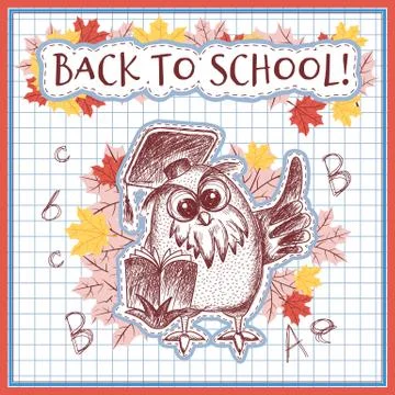 A wise owl in a graduate cap points its wing up. School vector clipart. The Illustrazione stock