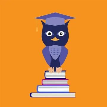 Wise owl in graduation cap sitting on a pile of books. Vector owl cartoon Stock Illustration