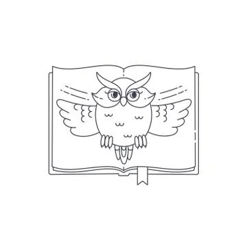 Wise owl opens the book. Vector linear illustration Stock Illustration
