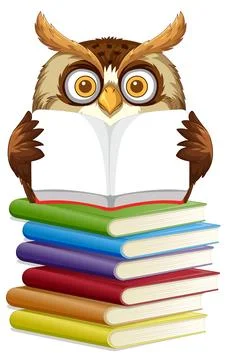 Wise Owl Reading on Book Stack Stock Illustration