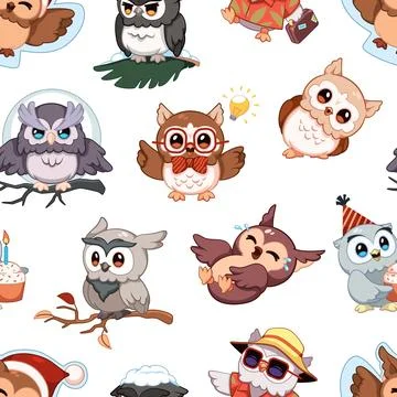 Wise owl seamless pattern. Kids bird characters, funny style, symbol of Stock Illustration