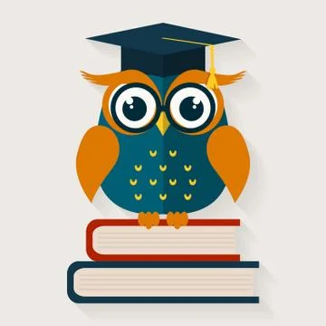 Wise owl sitting on the books. Vector illustration. Stock Illustration