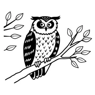 Wise Owl Sitting On Branch Flat Vector Stock Illustration