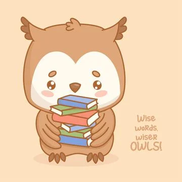 Wise Owl with stack of books. Cute cartoon kawaii bird character. Vector il.. Illustrazione stock