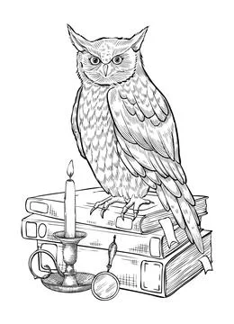Wise Owl on a stack of books. Vector illustration of bird a symbol of wisdom and Stock Illustration