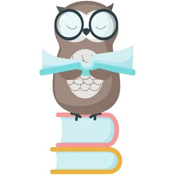 Wise owl vector with school book, cute bird icon Stock Illustration