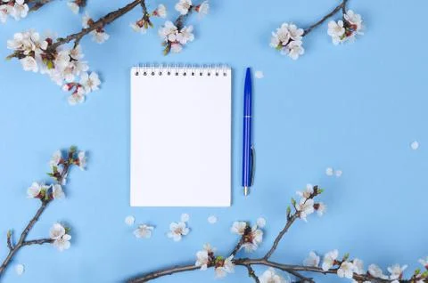 Wish list for future plans. flat lay composition with flowers, notepad Stock Photos