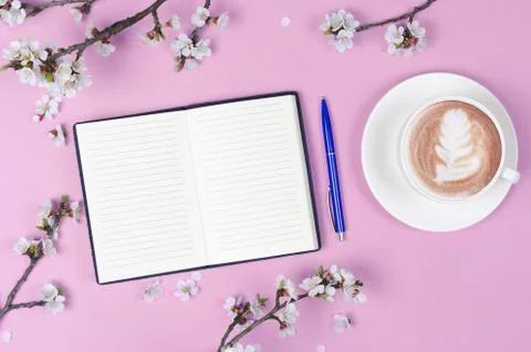 Wish list for future plans. flat lay composition with flowers,notepad and cof Stock Photos