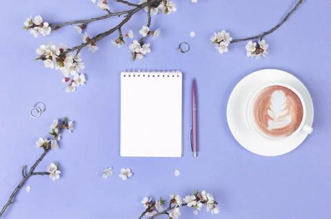 Wish list for future plans. flat lay composition with flowers,notepad and coffee Stock Photos