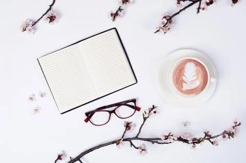 Wish list for future plans. flat lay composition with flowers,notepad and cof Stock Photos