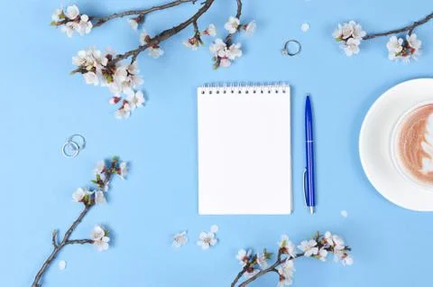 Wish list for future plans. flat lay composition with flowers,notepad and cof Stock Photos