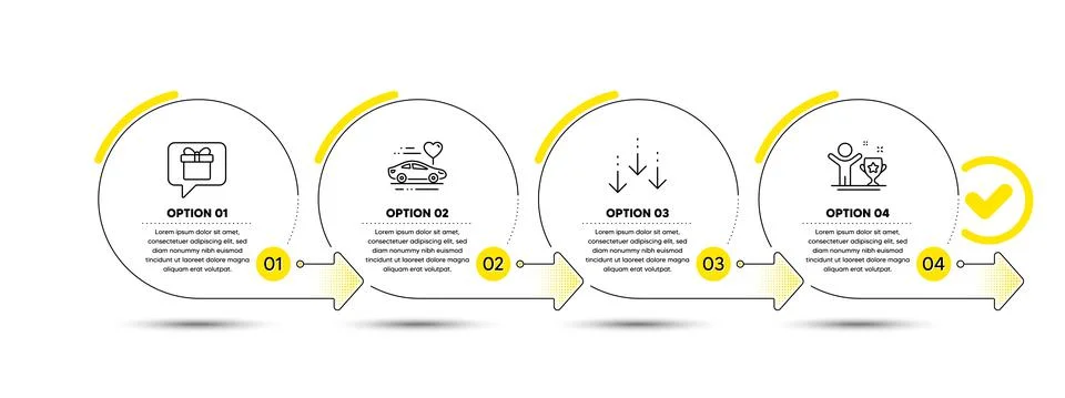 Wish list, Scroll down and Honeymoon travel icons set. Winner cup sign. Present Illustrazione stock