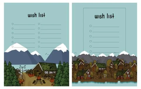 Wish list template on blue background with scandinavian wooden houses, mounta Stock Illustration