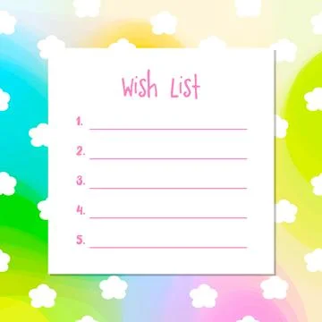 The Wish list, template. Printable. White clouds on colorful background Stock Illustration