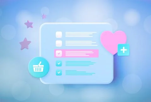 Wishlist 3d vector illustration. Application with a list with checkmarks of Stock Illustration