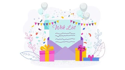Wishlist in an envelope. Gift boxes, garlands and flags. Stock Illustration