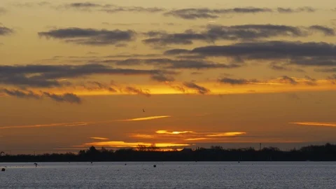Wispy clouds float across morning sunrise over lake Stock Footage 94986805